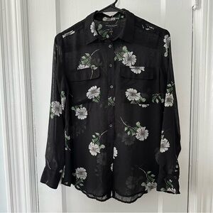 Banana Republic Dillon Shirt Button Up Black Sheer Floral Design Petite Small